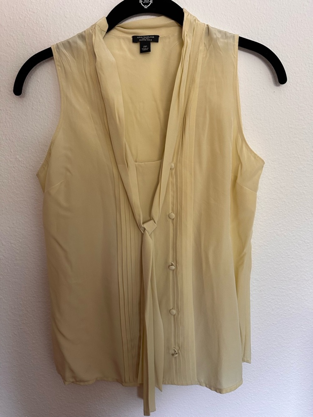 Ann Taylor Pale Yellow Tie-Neck Sleeveless Blouse